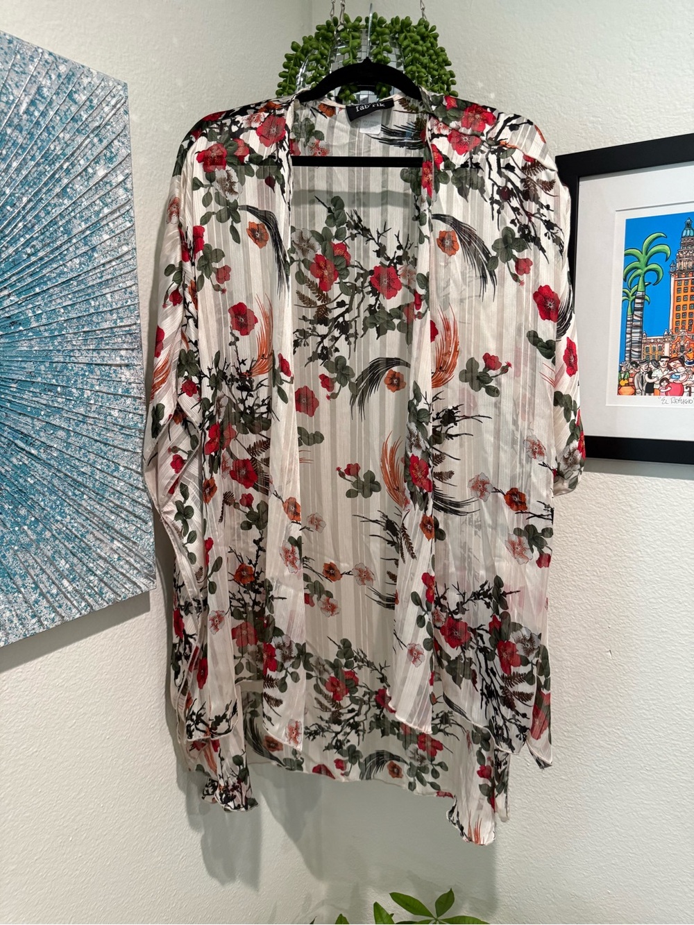 fab'rik Sheer Floral Open-Front Tunic - White with Red & Green Print